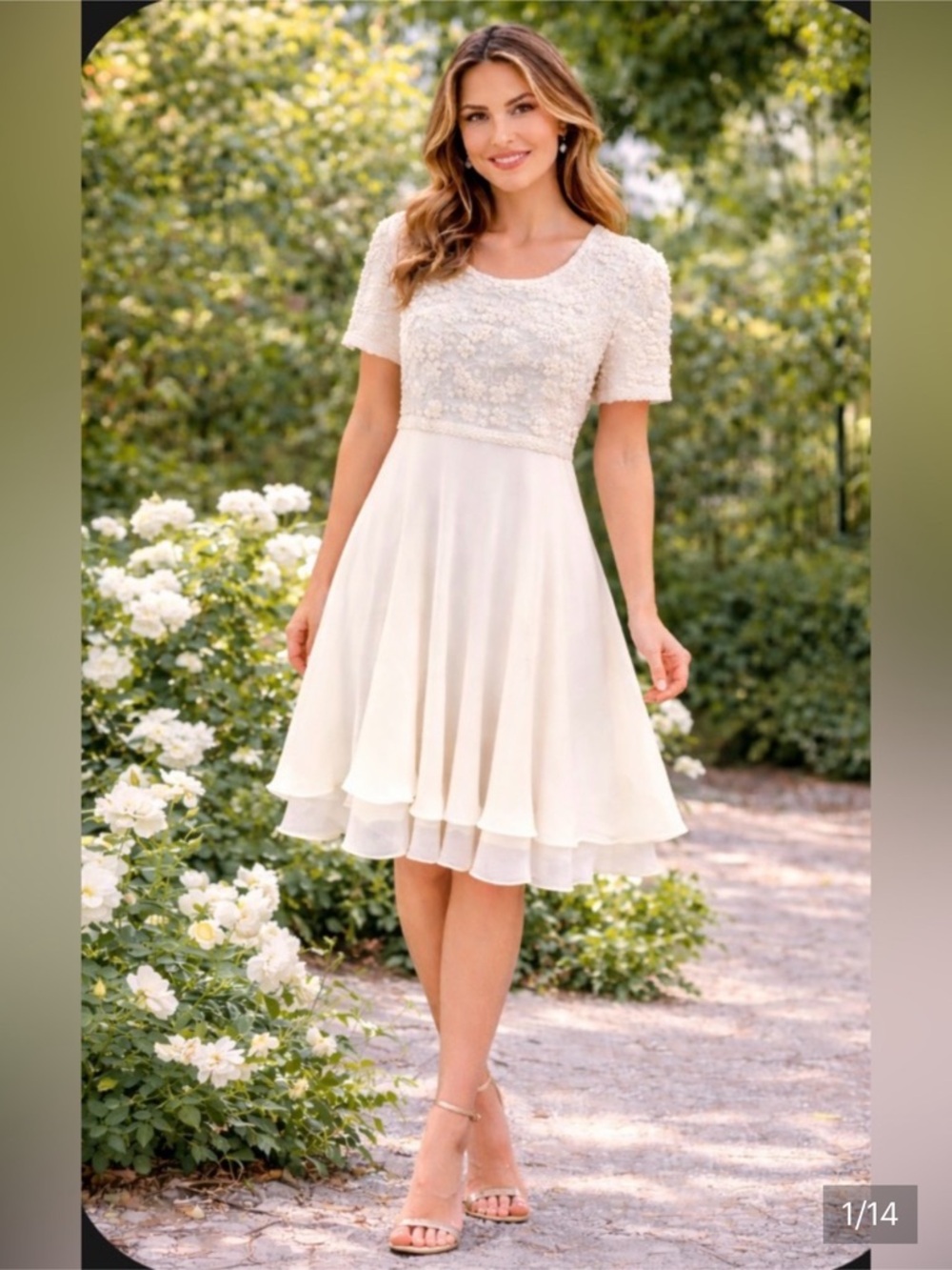 Beaded Swing Flowing Light Cream Dress & Layered Skirt  Womens size Small